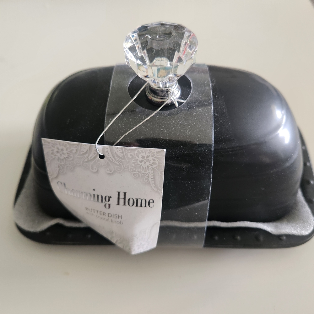 Black Butter Dish with Crystal Knob - Picture 2 of 4